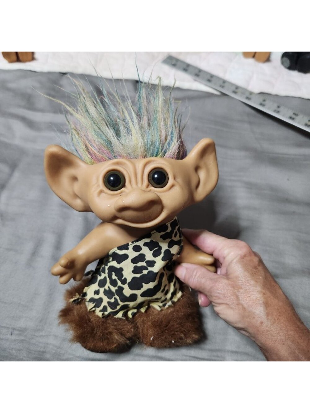 Uneeda Wish Nik Jeweled Eye Troll Doll 8" With Leopard Outfit, Rainbow Hair 1992